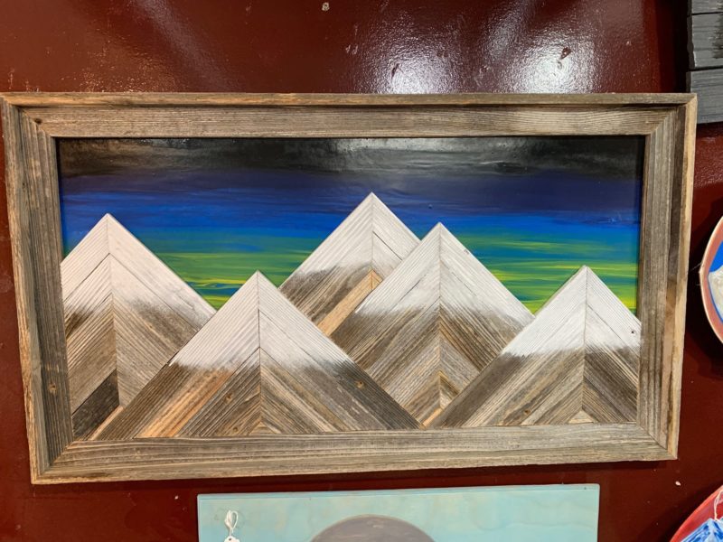 Five Mountain Repurposed Barnwood Wall Art With Northern Lights Sky