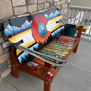 Retro Neon Colorado Mountain Mural Snowboard Bench