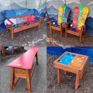 Snowboard Set with Chairs, Bench, Side Table, & and Coffee Table - Set of 5
