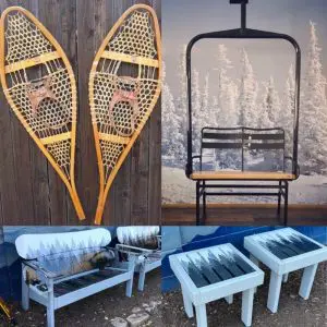 Chairlift, Snowshoes, Forest Mural Bench and matching side tables - Set of 5