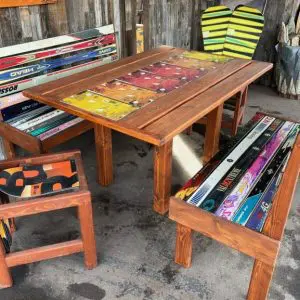 Large Patio Dining Table, Snowboard Runner, Snowboard Dining Chairs, and Restaurant Booth Style Ski Benches - Set of 5