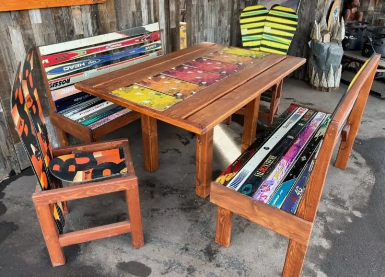 Large Patio Dining Table, Snowboard Runner, Snowboard Dining Chairs, and Restaurant Booth Style Ski Benches – Set of 5