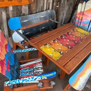 Large Patio Dining Table, Snowboard Runner, Mountain Mural Dining Chairs, and Snowboard Benches - Set of 5