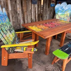 Large Patio Dining Table, Snowboard Runner, Mountain Mural Dining Chairs, and Snowboard Benches - Set of 5