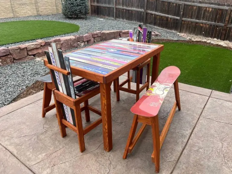 Large Patio Ski Dining Table, Ski Bar Stools, and Snowboard Benches – Set of 5