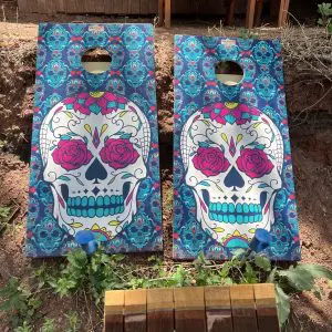 Day of the Dead Teal Ski Cornhole Board Set