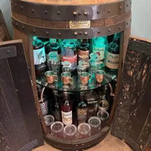 Whiskey Barrel Liquor Cabinet with Double Doors & Middle Shelf