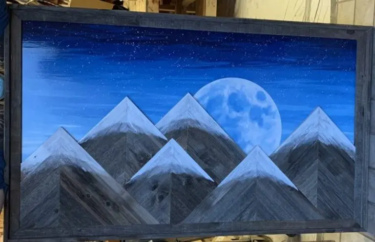 Repurposed Mountain Wall Art with Blue Sky and Moon – 48″