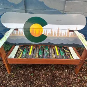 Grey Colorado Flag Mountain & Trees Mural Snowboard Bench