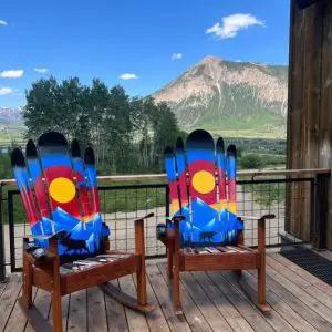 Hybrid Ski and Snowboard Rocking Chairs with Moose, Bear, and Sunset Mountain Mural - Set of 2
