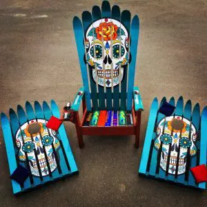 2 Sugar Skull Vinyl Wrapped Ski Chairs & Matching Ski Cornhole Set