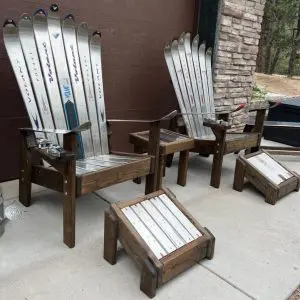 2 Stainless Steel Adirondack Ski Chairs, 2 Matching Ottomans & 1 Side Table - Set of 5
