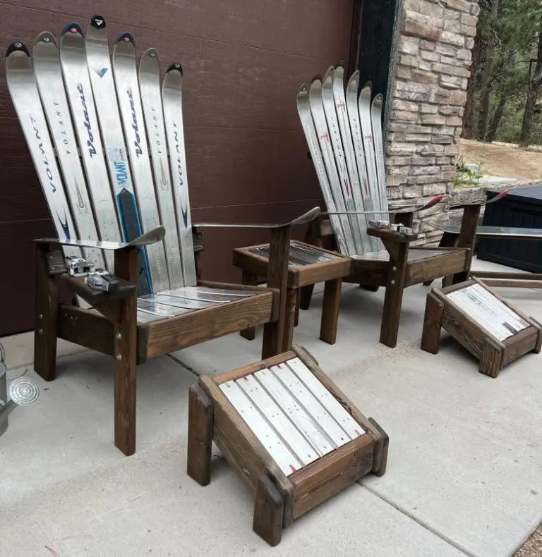 2 Stainless Steel Adirondack Ski Chairs, 2 Matching Ottomans & 1 Side Table – Set of 5