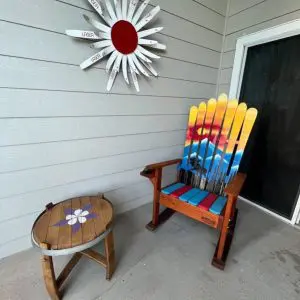 Sunset Moose Adirondack Rocker, Ski Wall Art & Columbine Wine Barrel Table - Set of 3