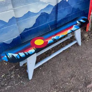 Sunset Mountain Mural Grey Base Snowboard Bench and Coffee Table
