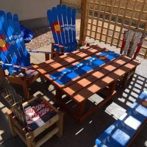 Large Patio Dining Table with Snowboard Runner, Medium Base Colorado Chairs, Patio Dining Ski Chairs, and Snowboard Bench - Set of 6