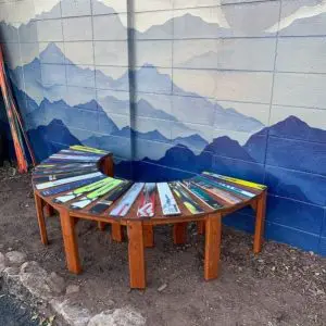 Customizable Redwood Stained Half Circle Ski Bench