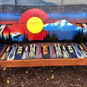 Moose silhouette Colorado mountain snowboard bench