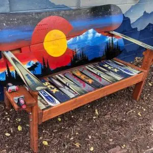 Moose silhouette Colorado mountain snowboard bench