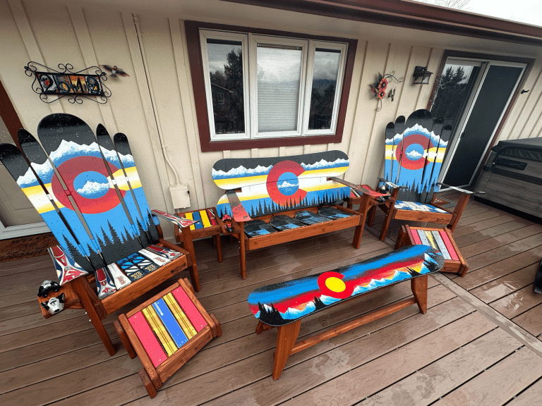 Set of 6- (2) Mtn Mural Chairs, (1) Large SB Bench, (2) Matching Ottomans, (1) Single SB Bench