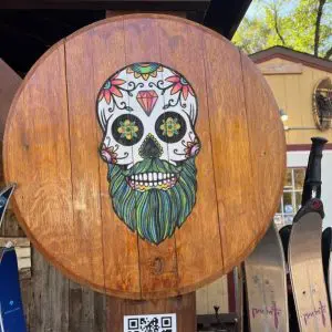 Barnwood Wine Barrel Top with Sugar Skull Art - 22"