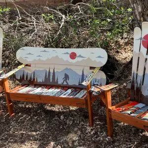 Set of 3 - Earth tones Mountain Mural w/ Sasquatch/Bigfoot Snowboard Bench & Chairs