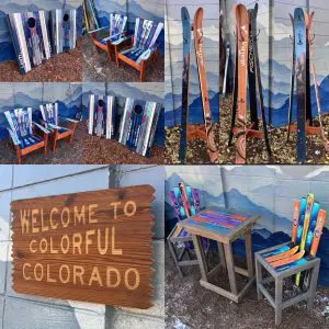 STR -Set of 8 - (1) Ski Pub Table Set, (2) Ski Barstools, (2) Ski Chairs (1) Ski Cornhole Set (1) Ski Hall Tree & (1) Wall Art
