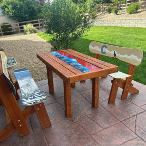 Patio Dining Table + Mural Snowboard Runner + Painted SB Benches - Set of 3