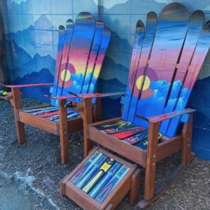 Set of 3 Colorado mountain sunset Adirondack ski chairs and ottoman