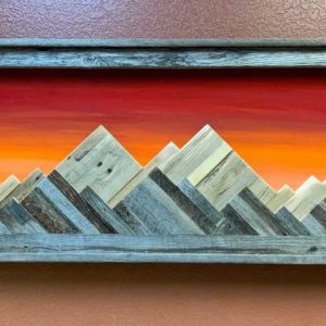 Framed wooden mountain wallart