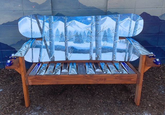 Fresh Falling Snow Winter Snowboard Bench