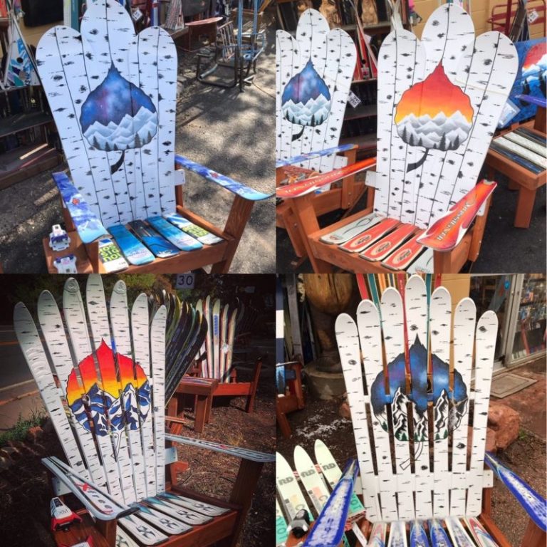 Set of 4 Aspen Colorado Ski & Snowboard Chairs – Save when you buy a set  –   Repurposed skis – hand painted Colorado flag