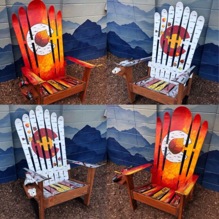 Set of 4 Aspen Colorado Ski Chairs – Save when you buy a set  – Buy 3 get one free pricing –   Repurposed skis – hand painted Colorado flag
