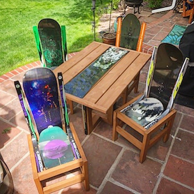 Set of Five – Four Snowboard/Ski Patio chair & a large patio dining table!
