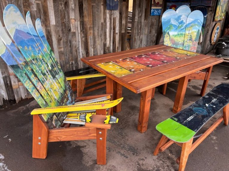 Large Patio Dining Table, Snowboard Runner, Mountain Mural Dining Chairs, and Snowboard Benches – Set of 5