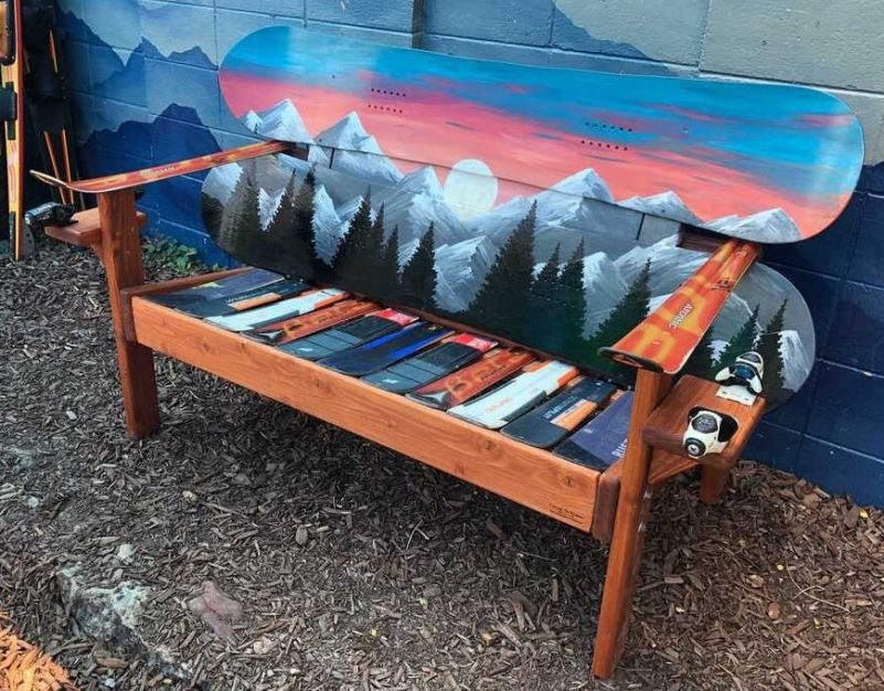 Sunset mountain mural Colorado snowboard bench