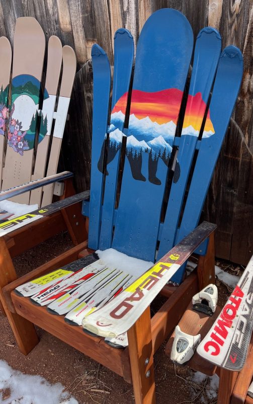 Hybrid Ski/Snowboard Chair with Bear and Sunset Mural
