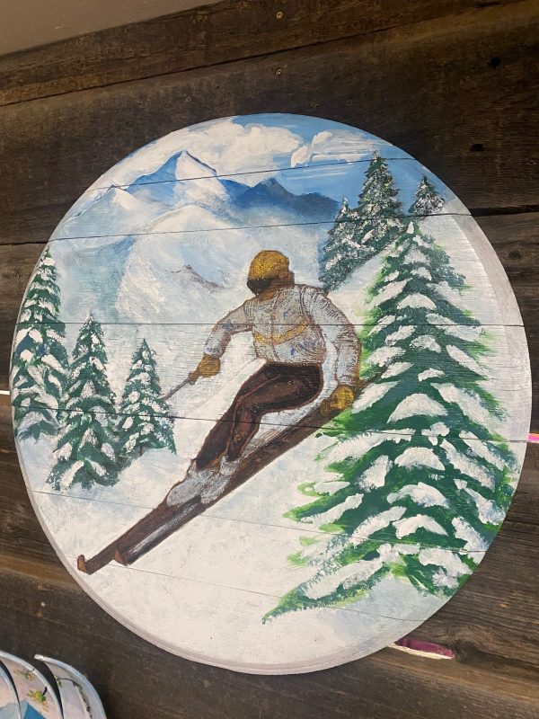 Wine Barrel Top with Ski Art