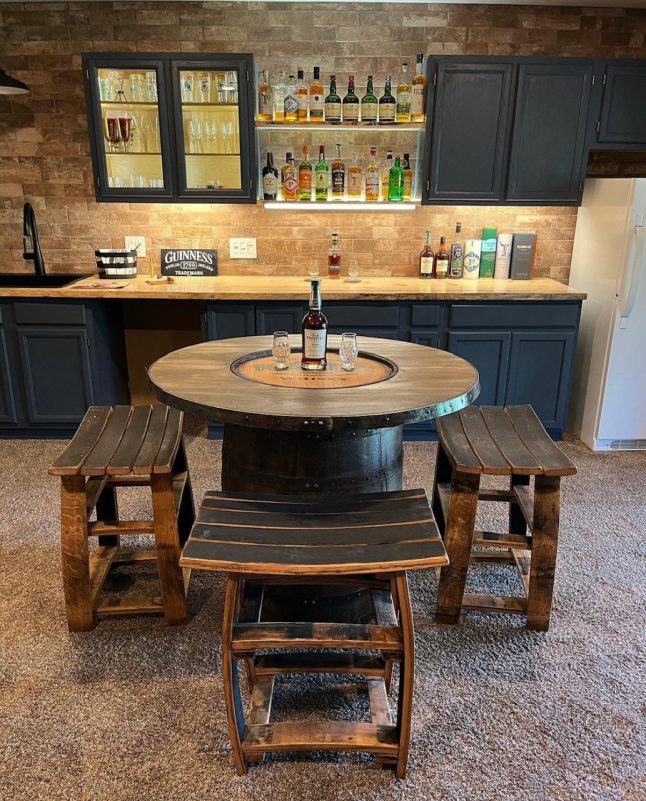 Wine Barrel Dining Table & 4 Wine Barrel Bar Stools – Set of 5