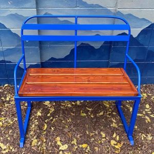 Hoopless blue powdered metal ski lift bench