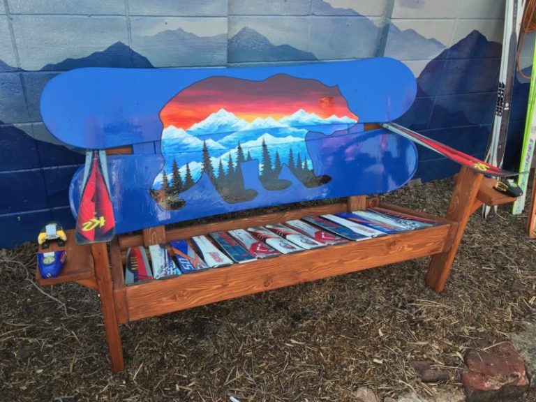 Adirondack Snowboard Bench with Bear and Sunset