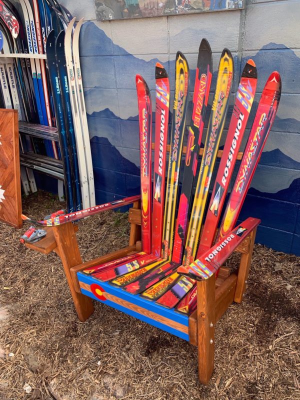 Customizable Adirondack Ski Chair with Colorado Flag Wood Stripe Front Board