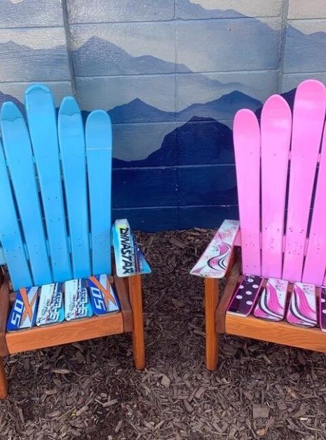 Blue and pink children's Adirondack ski chairs