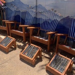 Set of Adirondack golf club chairs and ottomans