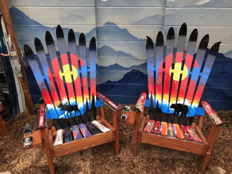 Adirondack Ski Chairs with Colorado Mountain, Bear, and Moose Mural – Set of 2