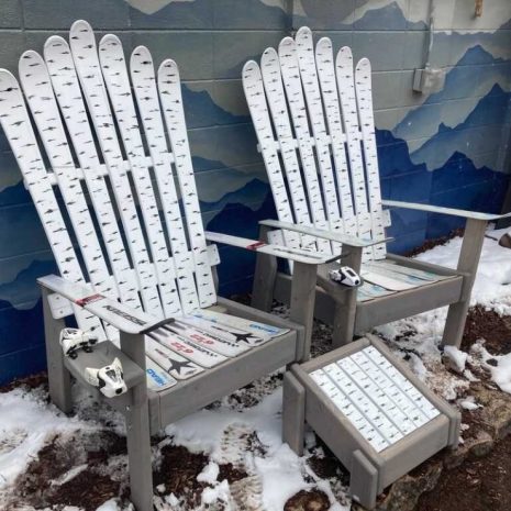 Birch painted Adirondack ski chairs and ottoman