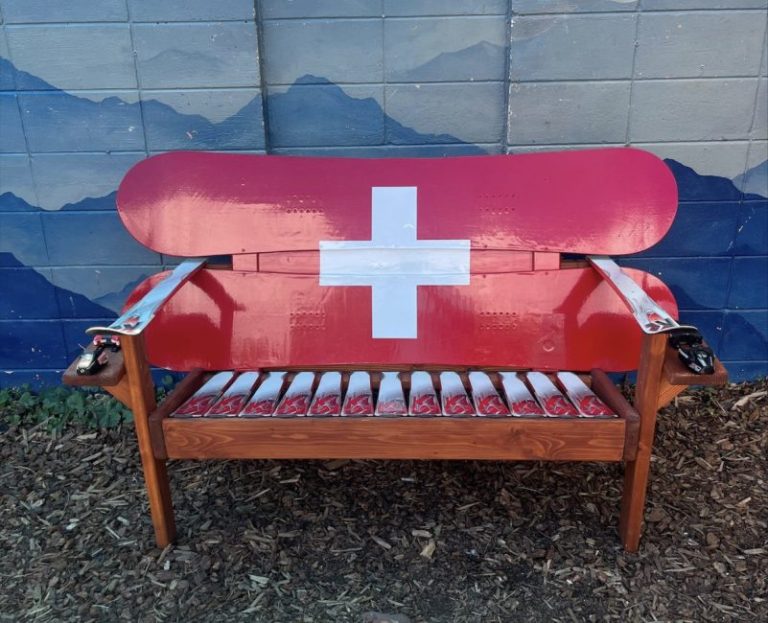 Hand Painted Swiss Flag | Ski Patrol Snowboard Bench