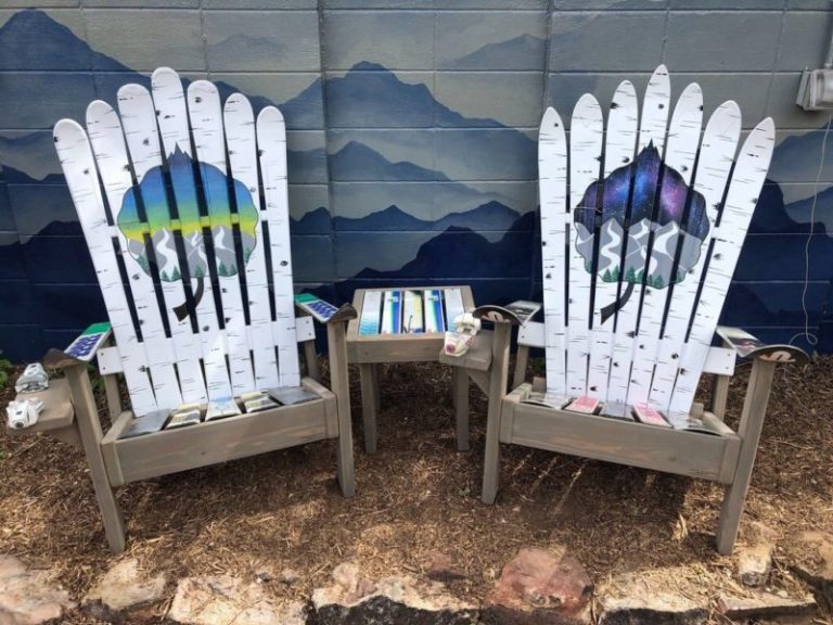 Adirondack Ski Chairs and matching Ski Side Table with Grey Aspen Northern Lights & Milky Way Mountain Mural – Set of 3