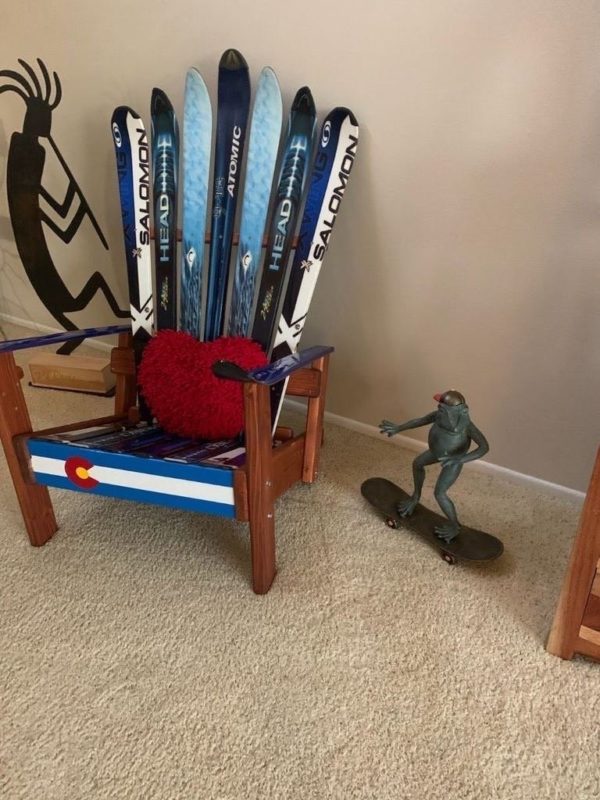 Original Customizable Ski Art Chair with Colorado Flag Front Board