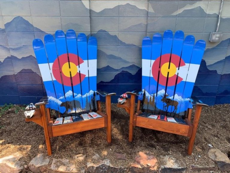 Colorado Flag with Moose and Bear Mural Adirondack Ski Chairs – Set of 2